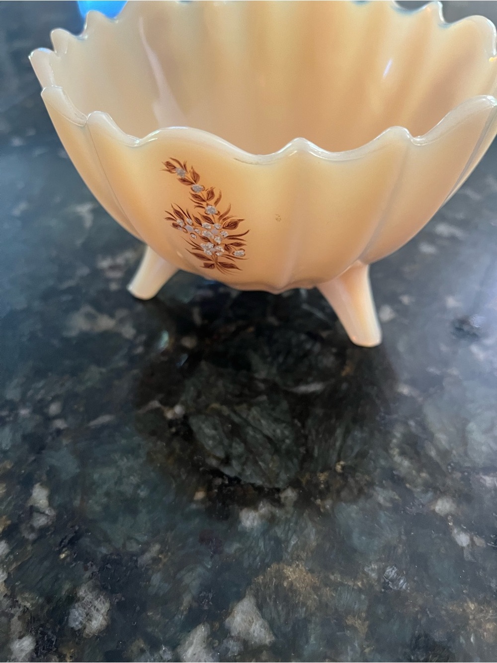 Westmoreland Glass Footed Dish almond mist, tinted Milk Glass. Floral Caroline
